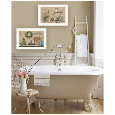 «Bath Time», vignette 2 pièces par Pam Britton, reproduction encadrée prête à accrocher, cadre blanc