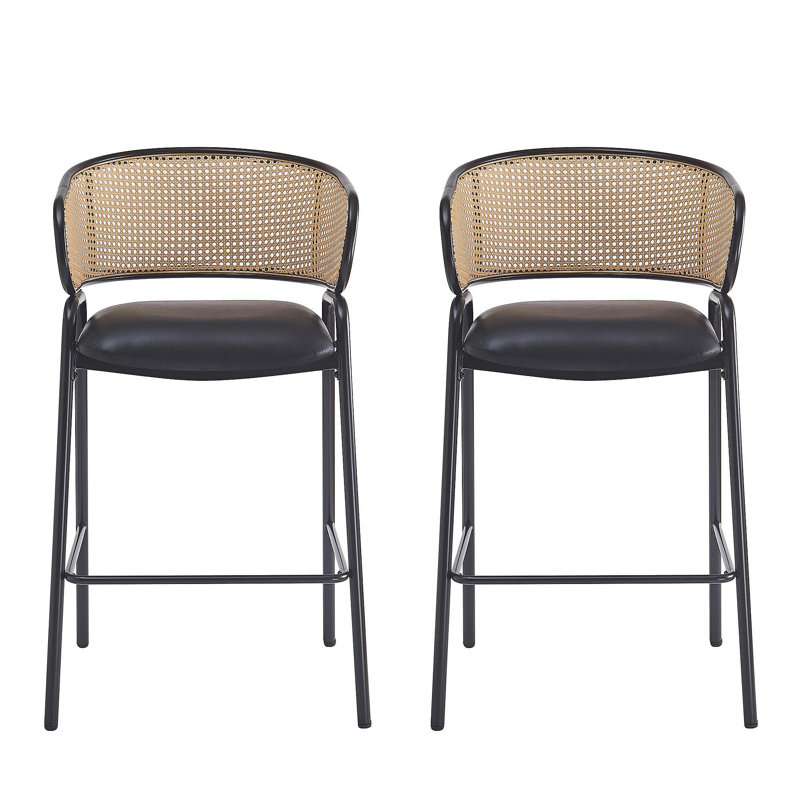 Ethan Indoor Metal Upholstered Barstool, Faux Leather Seat With Wowen Rattan Decorated Backrest, Set Of 2