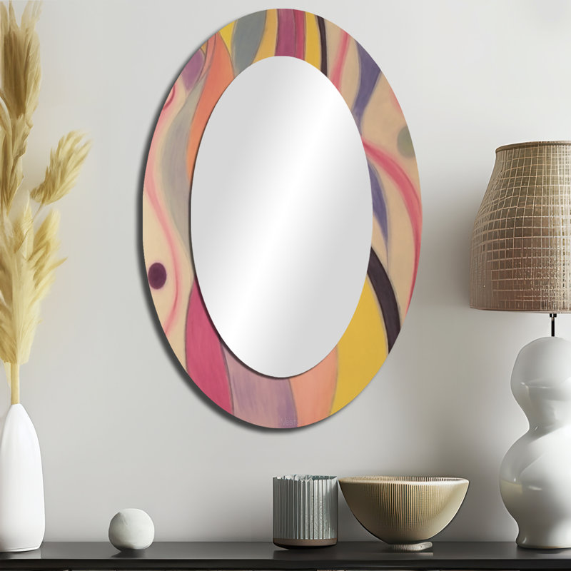 Shadow Dance Yellow & Pink Vintage Illustration I - Modern Oval Wall Mirror, 36" x 24"