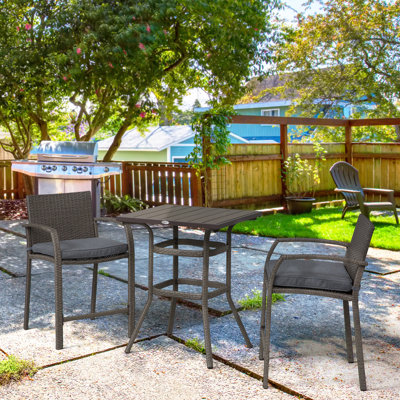 3-Piece Rattan Wicker Bar Set With Wood-Grain Table And Two High-Back Stools