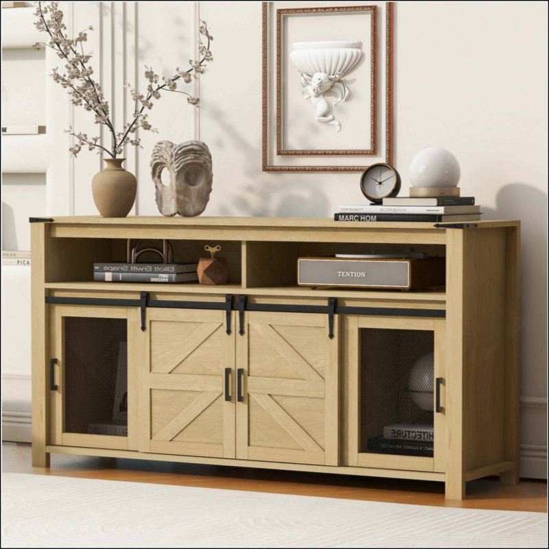 Sideboard With Sliding Barn Door And Mesh Panels,Farmhouse Buffet With Open Storage,Suitable For Living Room, Hallway, Balcony,Kitchen, Office