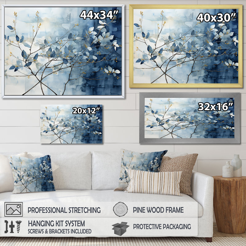 Art mural bleu et gris sur une branche I - Feuilles, H 16 po x l 32 po x P 1 po, Cadre flottant brun