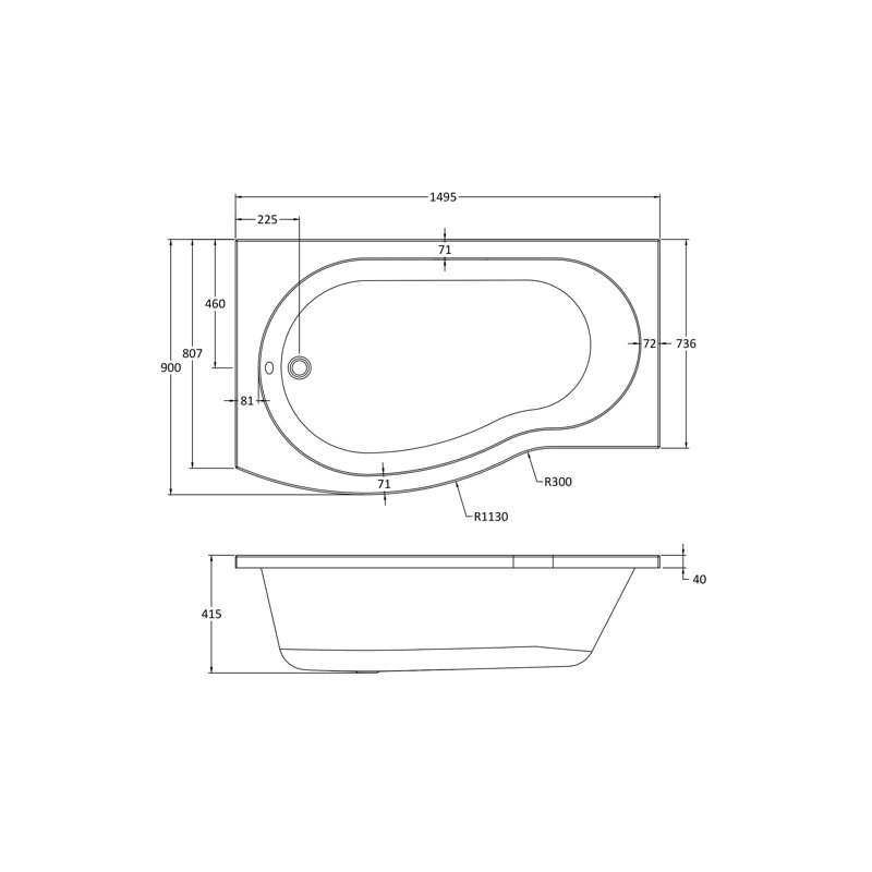 x 900mm Soaking Acrylic Bathtub, Left, 1495mm L x 900mm L