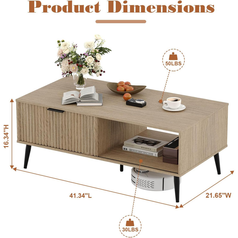 2-Tiers Coffee Table, 41.34''L Farmhouse Coffee Tables With Storage And Sliding Wave Pattern Door, Brown