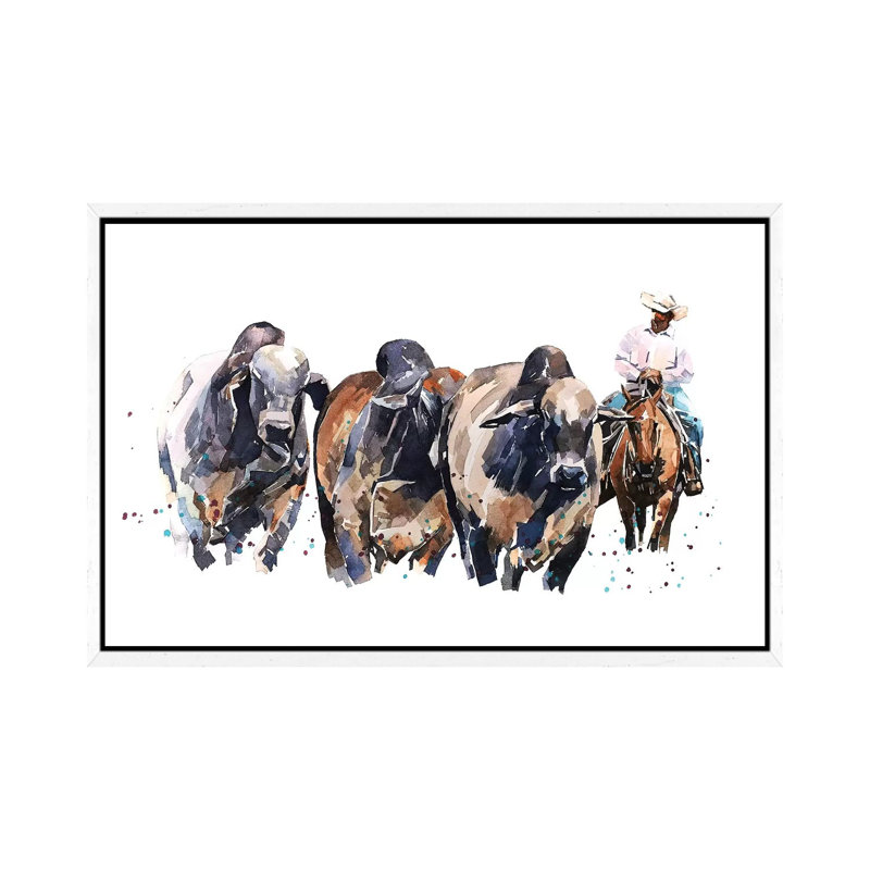 Brahman Cattle And Cowboy - Painting on Canvas, 101.6 cm H x 66.04 cm W, White Framed