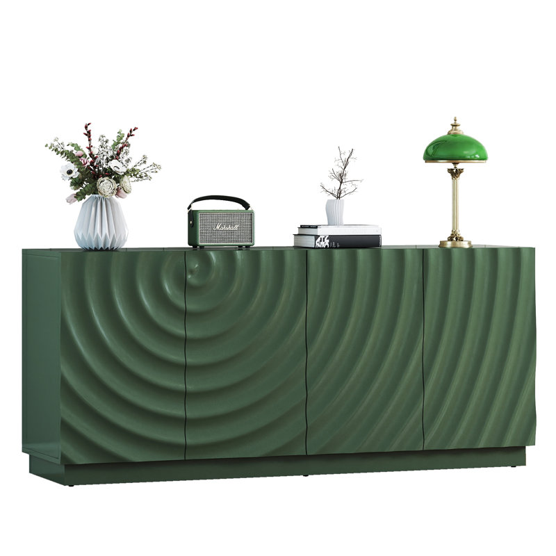 59" Sideboard with Spiral Grain Accent, 4-Door Modern Buffet Cabinet for Kitchen or Living Room Storage, Green, Green