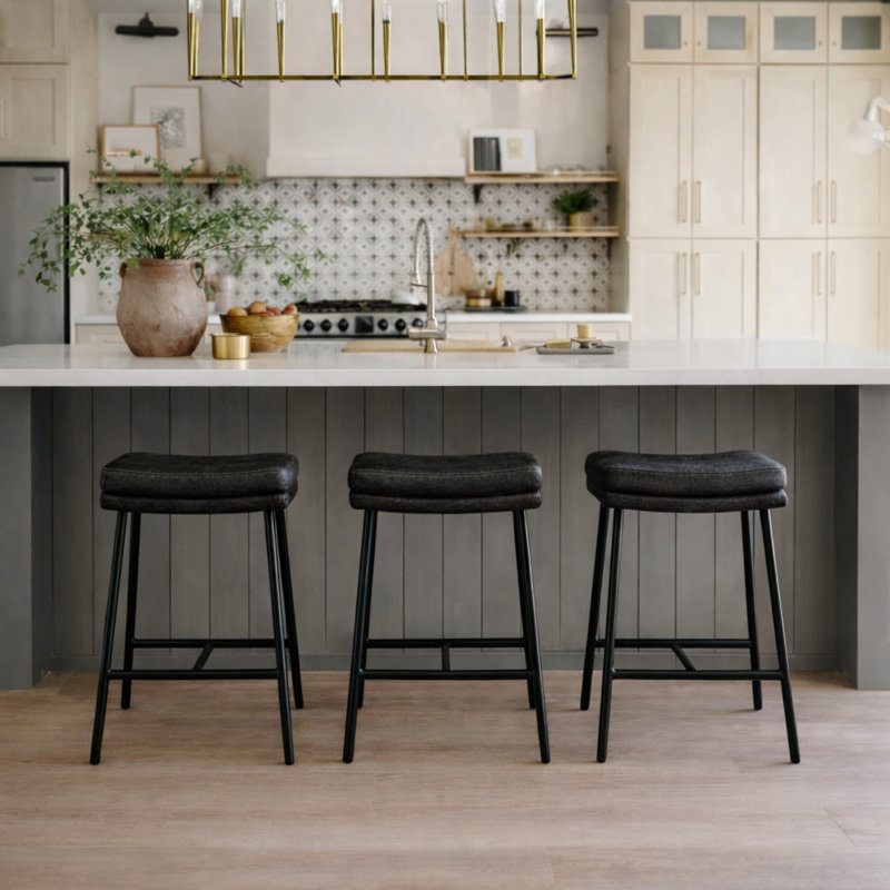 Maven Lane Berkley Counter Stool In Matte Black With Charcoal Black Faux Leather, Counter Stool (26" Seat Height)