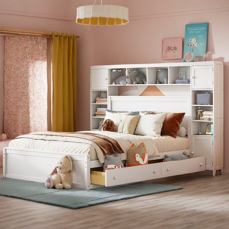 Grand lit plateforme avec rangement et tête de lit, tablettes latérales et prises intégrées