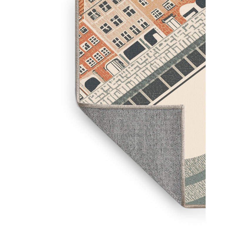 Tapis beige lavable à la machine à imprimé bloc scandinave Nyhavn Harbor - reliure beige, 7 x 9