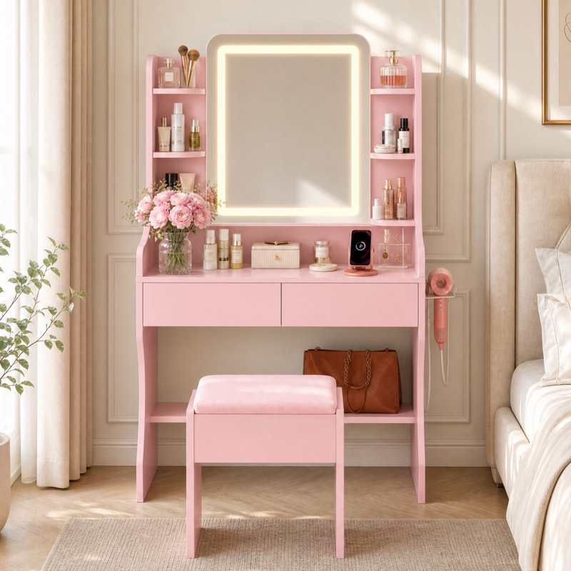  Coiffeuse de maquillage avec miroir lumineux à DEL et prise de courant, bureau de coiffeuse avec tabouret et tablettes de rangement pour la chambre à coucher