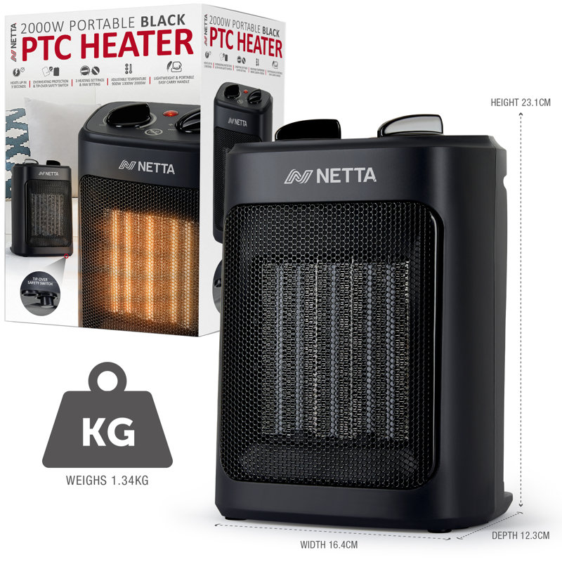 NETTA 2000W Mini Fan Heater with Adjustable Thermostat, 3 Heat Settings & Carry Handle, Black