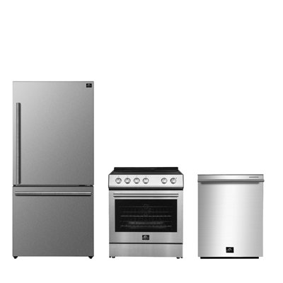 Ensemble de cuisine 3 pièces FORNO Premium - cuisinière à espresso en acier inoxydable 30 po Leonardo, réfrigérateur à congélateur inférieur en acier inoxydable 31 po, lave-vaisselle en acier inoxydable 24 po