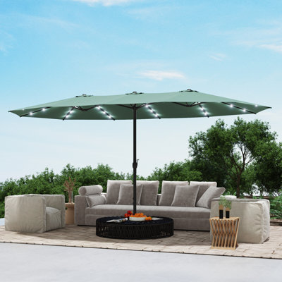 15 ft x 9 ft Outdoor Patio Double-Sided Umbrella with Base + Built-In LED Lights