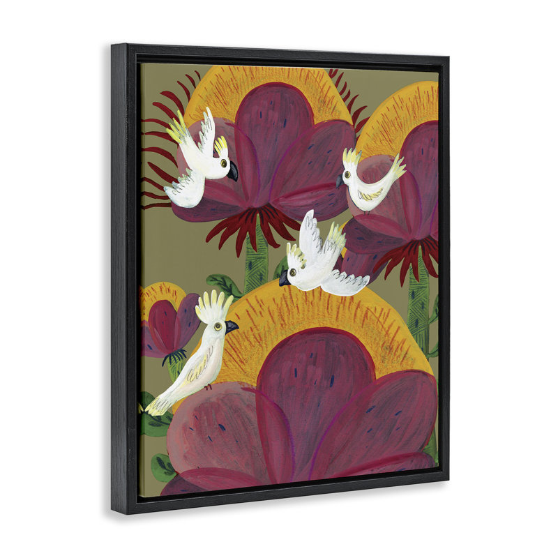 Cadre flottant tropical cacatoès et plantes, design par Kay Widdowson, Cadre flottant noir de jais, H 21 po x l 17 po