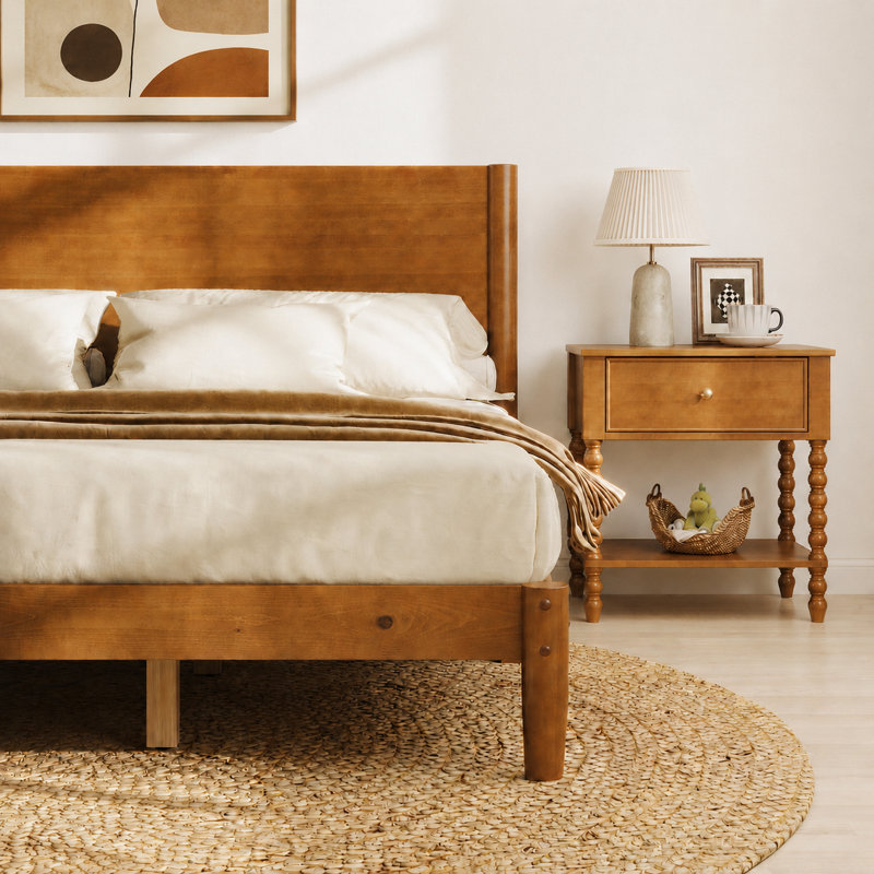 Grand lit plateforme en bois de pin massif de style Mid-Century, brun, Grand lit, Brun