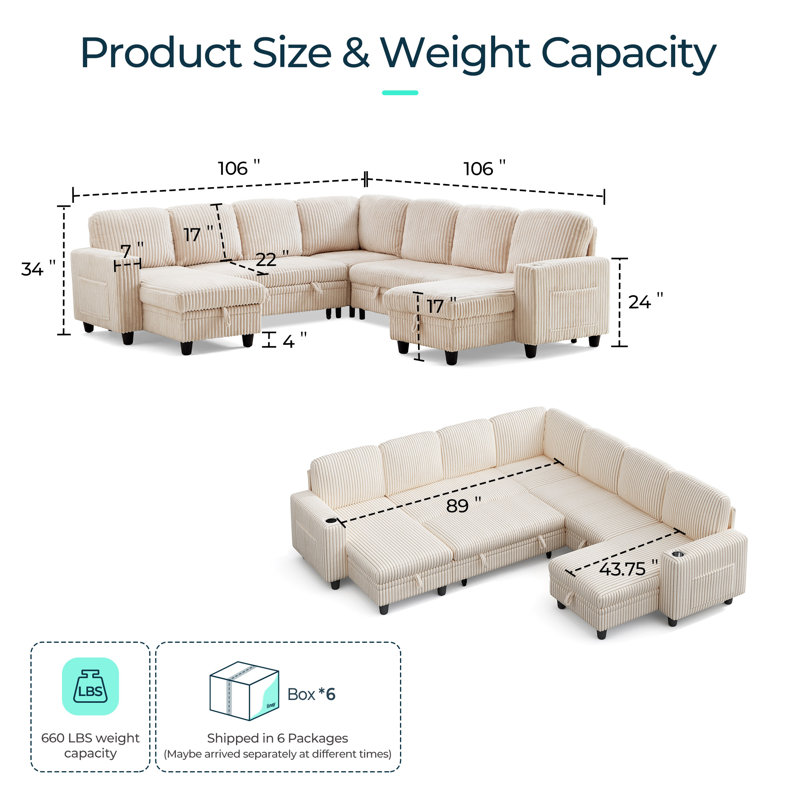  Sherry 106" Upholstered Modular Corner Sectionals with Pull-out Sofa, Storage, USB Charging & Cup Holders