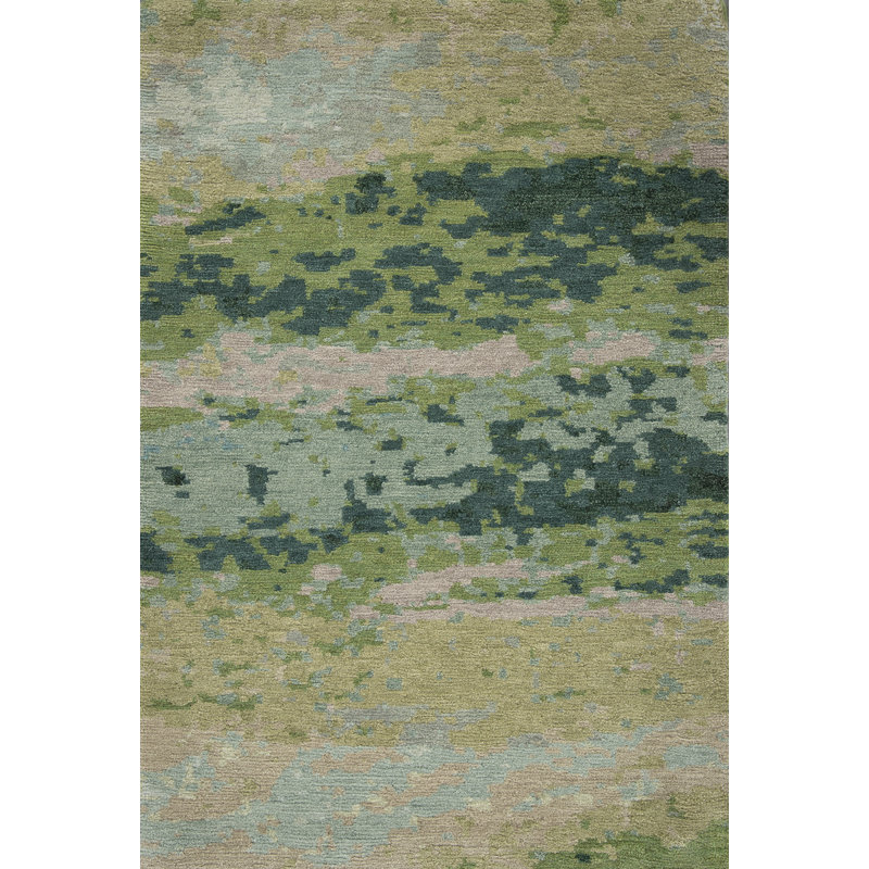 Contemporary Hand Knotted Wool Abstract Area Rug in Green, Runner 3' x 6'