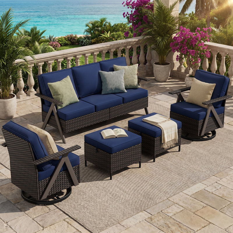 5-Piece Outdoor Patio PE Wicker Set With 3-Seat Sofa, 2 Swivel Chairs, 2 Ottomans & Blue Cushion, Blue