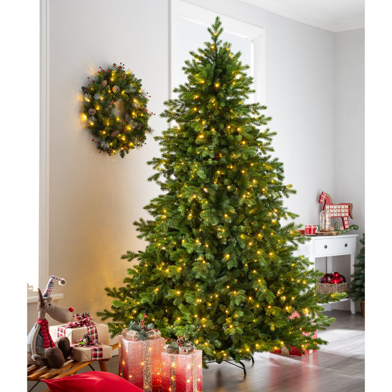 Pre-Lit Balsam Green Fir Artificial Christmas Tree White Lights with Stand, 8ft H x 5.33ft W x 5.33ft D