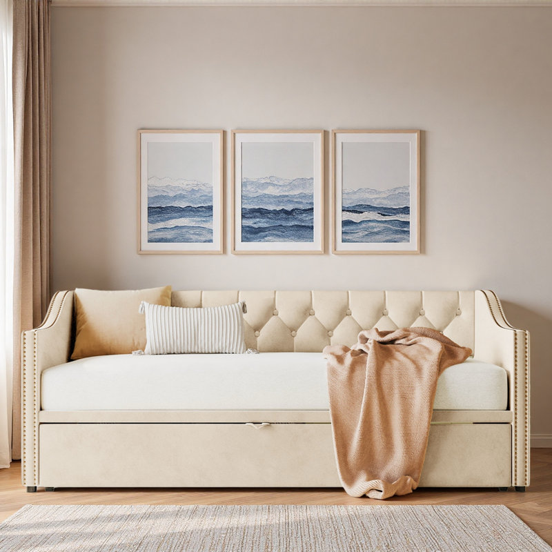 Lit de jour rembourré avec lit gigogne, Beige