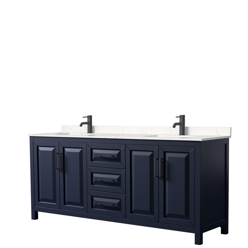 Daria 80'' Double Bathroom Vanity with Carrara Marble Top, Brushed Gold, Dark Blue, White Cultured Marble