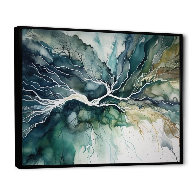 «Green Blue Marbré Dreamscape II», art mural géométrique abstrait, H 12 po x l 20 po x P 1 po, Cadre flottant noir