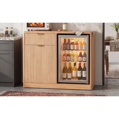 K&K 39.4" Coffee Bar Cabinet with Fridge Space, Mini Fridge Liquor Cabinet with Wine Storage & Charging Station, Fluted Buffet Sideboard with Glass Holder for Living Room Kitchen, Natural Oak