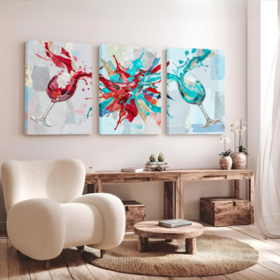 Ensemble de 3 tableaux abstraits sur toile, motif éclaboussures de vin, pour la décoration du salon, de la cuisine ou du bar.