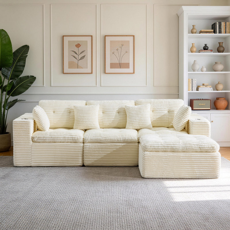 Oversized 108.08" Boneless Sectional Couch, Modern L Shaped Modular Sofa With Ottoman, Corduroy Upholstered Deep Seating 3-Seater, No Assembly Cream Sectional Couch For Living Room, Beige