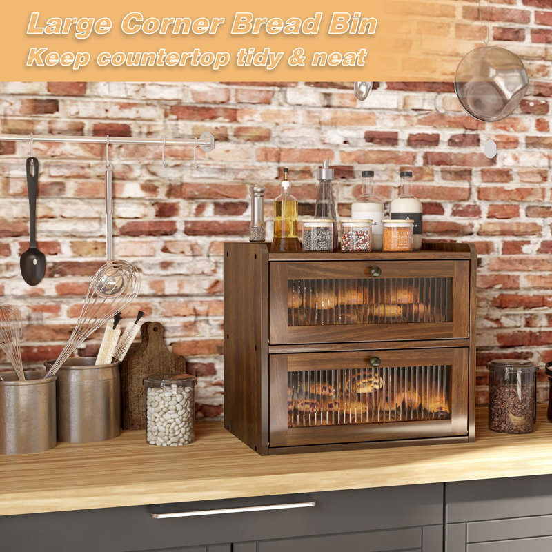 Double Layer Large Bread Box For Kitchen Counter, Wooden Corner Bread Storage Container