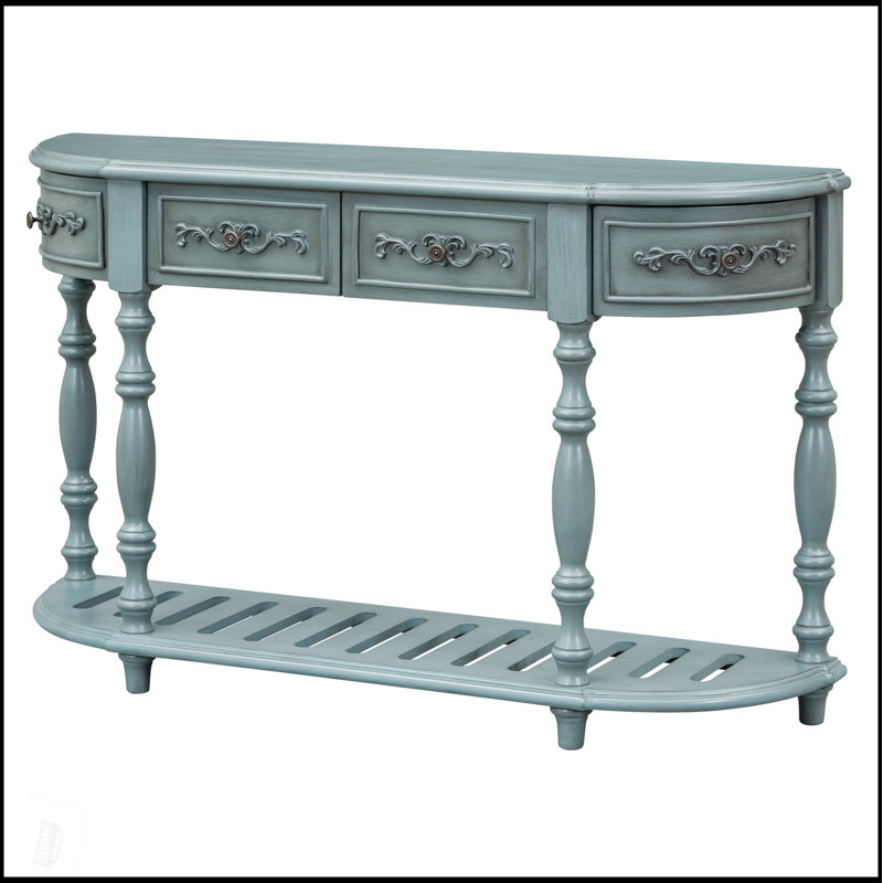 Console moderne et contemporaine courbée avec beaucoup de rangement, parfaite pour les vestibules et les salons, Bleu antique