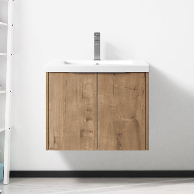 Modern 24 Inch Bathroom Cabinet Sink - Wall Mounted, Doors, Plywood, Imitative Oak Appearance Resin Mounted Inch, Style, Soft Close