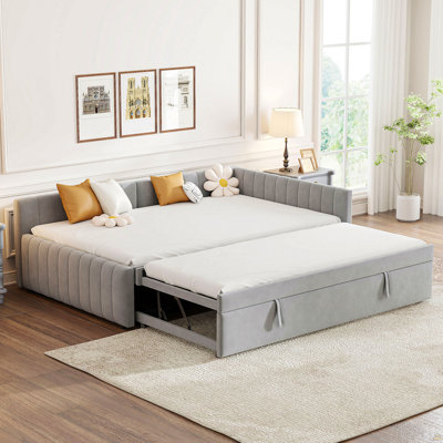 Full Size Upholstered L-Shaped Upholstered Daybed With Twinsize Pop Up Trundle, Gray
