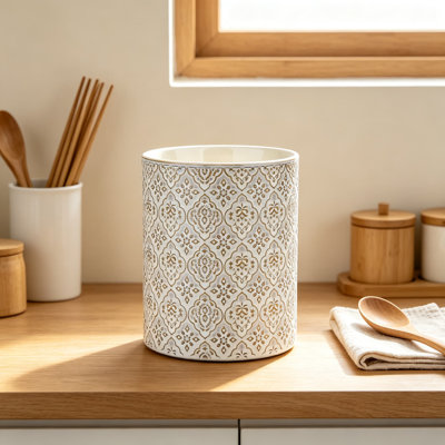 Porte-ustensiles de cuisine, grand pot à ustensiles en céramique pour comptoir, motif en relief, finition blanche réactive, organisateur profond et stable pour les ustensiles de cuisine, va au lave-vaisselle