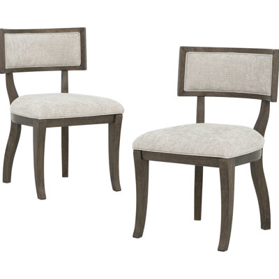 De 2 chaises de salle à manger avec composants rembourrés, structure en bois de chêne brun vieilli, pieds incurvés, dossier ouvert, largeur de 20,5 po, profondeur de 22 po, hauteur de 32,73 po, poids de 30,8 lb