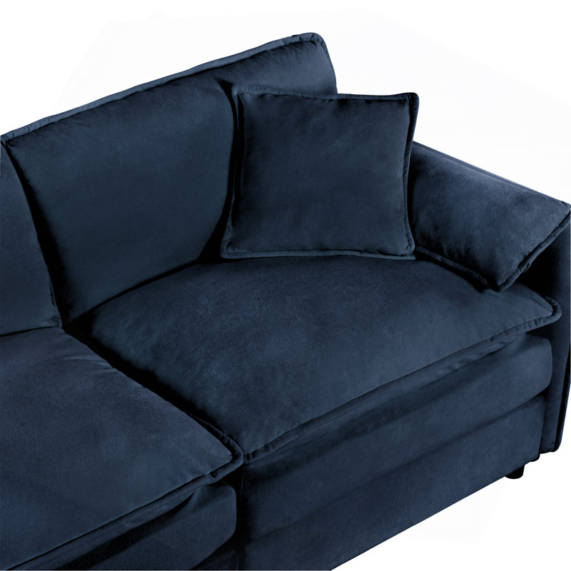 Canapé rembourré en chenille avec repose-pieds, 2 coussins décoratifs, poches latérales, Chenille bleu, 4
