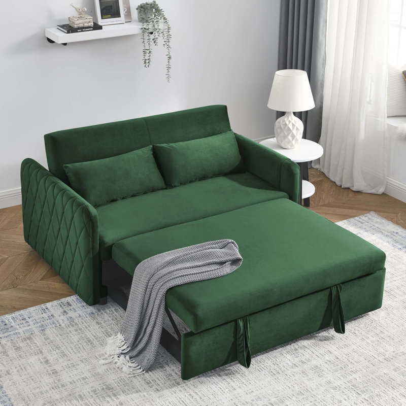 Canapé-lit convertible 55 po, causeuse en velours avec lit escamotable et 2 coussins, Vert