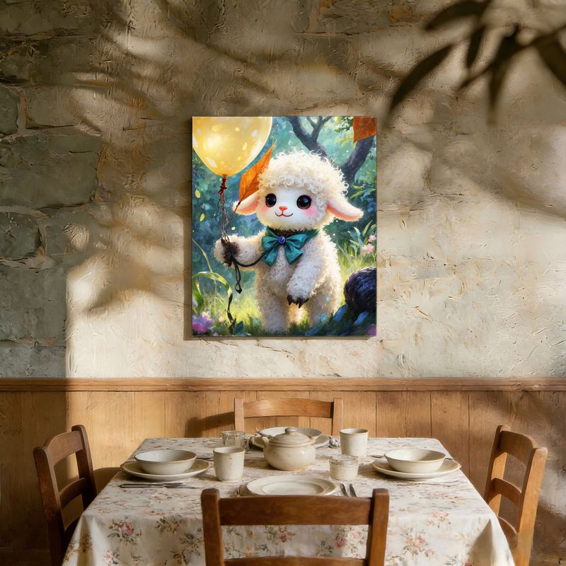 Agneau moelleux avec ballon, cadre en bois à l'arrière intégré, décoration murale, 36 L x 24 W