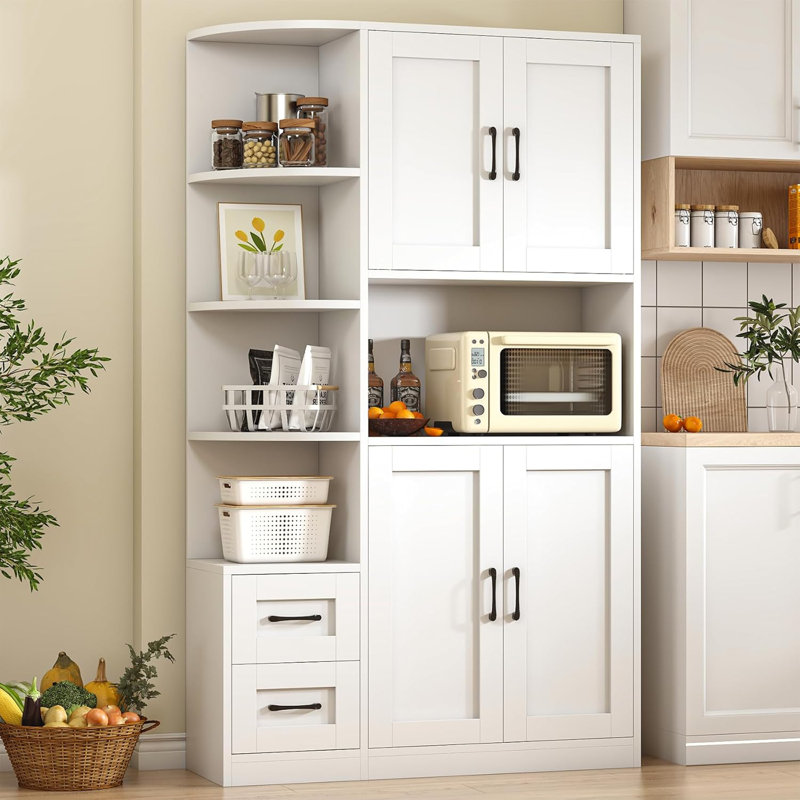 Armoire de rangement pour garde-manger 71 po avec portes et tablette extérieure à 4 niveaux 71 po, buffet haut avec support à micro-ondes, café pour la salle à manger, blanc