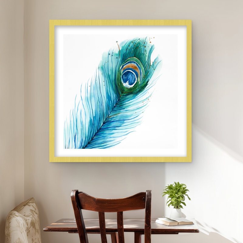 Longue impression de plumes de paon - Turquoise encadrée Home Decor, H 24 po x l 24 po, Doré