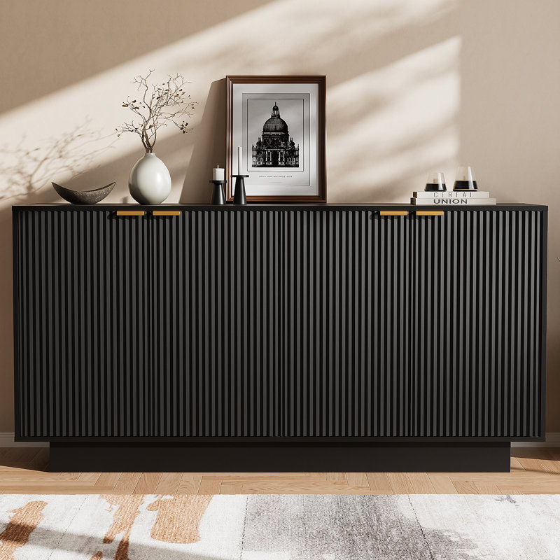 63''Large Fluted Sideboard Buffet Cabinet, Modern Buffet Table Coffee Bar Wine Bar Storage Cabinet, Black