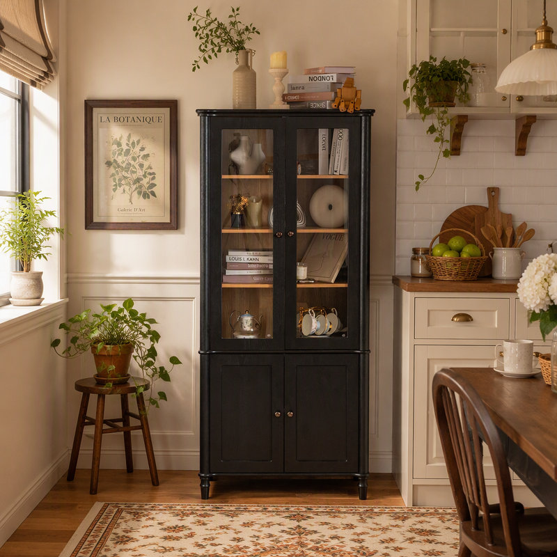 Vitrine H 73,25 po, bibliothèque Mid-Century moderne avec portes en verre, armoire vitrée avec grain de bois de frêne naturel, pour les couloirs, le salon, la cuisine et le bureau - noir