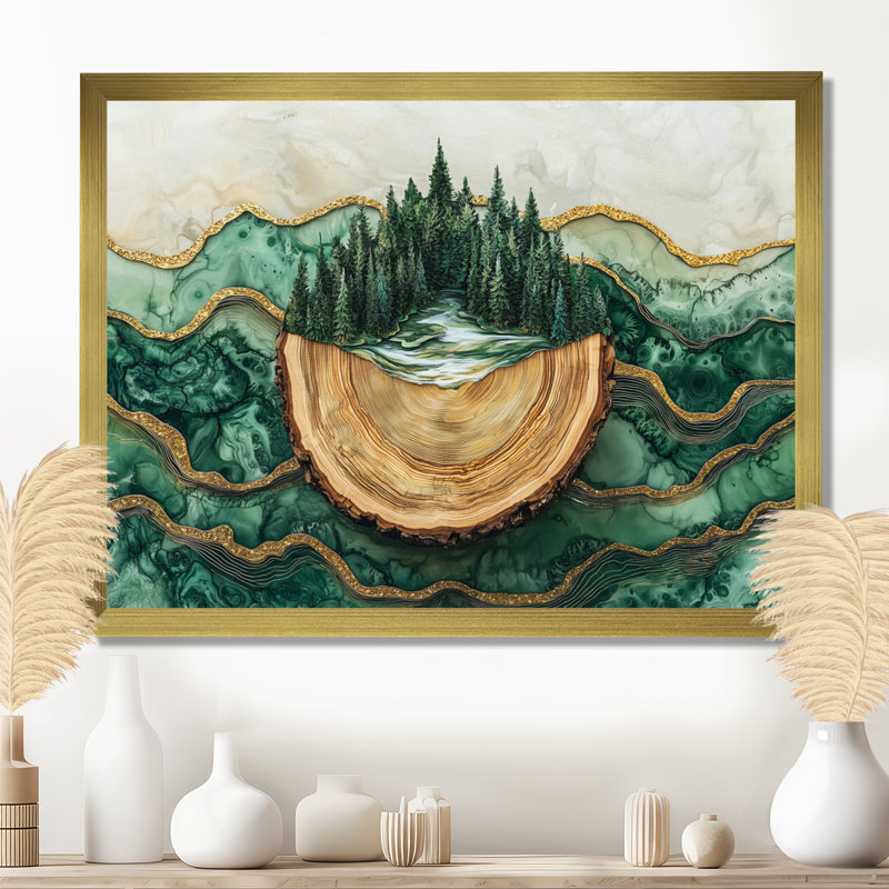 «Bold Forest Landscape Path of the Emerald River I», art mural forêt, H 16 po x l 32 po, Picture Framed, Doré