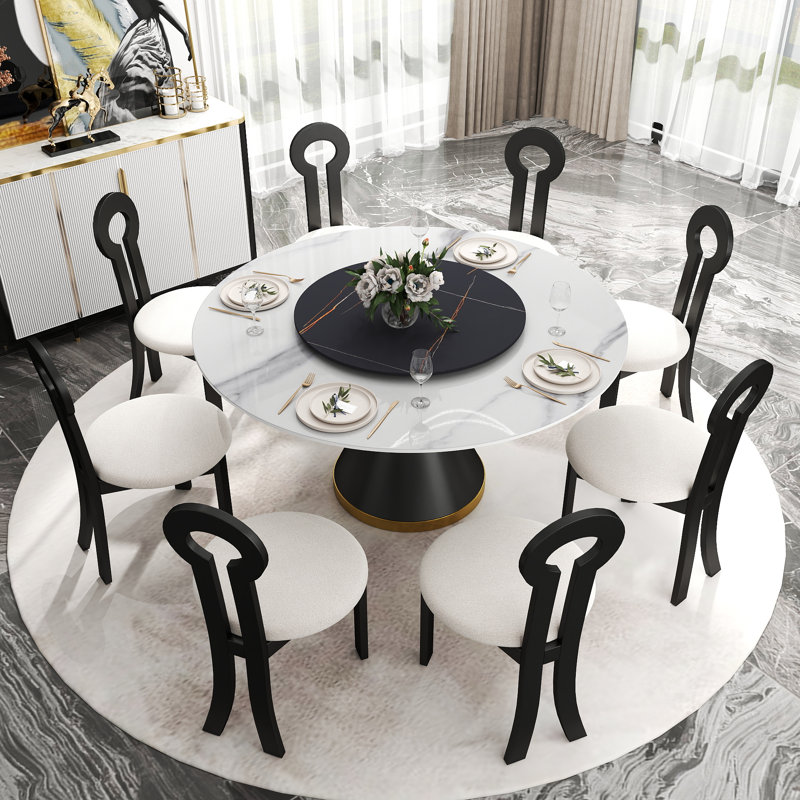 Table de salle à manger moderne à 8 sièges en pierre frittée avec plateau rotatif, chaises de salle à manger modernes en forme de clé