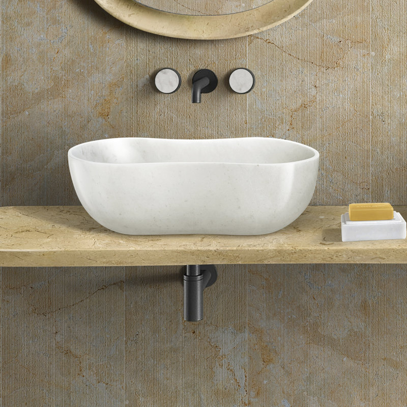 Lavabo vasque de luxe en marbre blanc pour salle de bain, hauteur de 7,1 pouces, conception ondulée, lavabo de salle de bain facile à entretenir, profondeur de 23,6 po