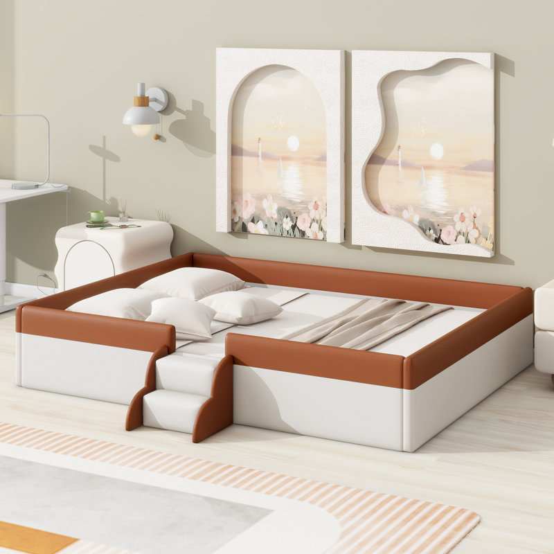 King Size Upholstered Daybed Frame with Fence and Stairs, PU Leather Platform Bed with Sturdy Slats,(BROWN+WHITE), Brown