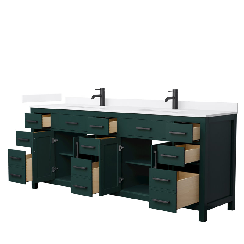 Beckett 84" Freestanding Double Bathroom Vanity with Quartz Top, Green, White Quartz, Matte Black