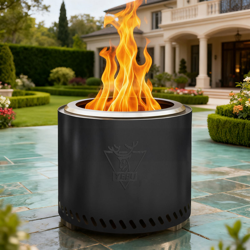 Outdoor Fire Pit, 15'' Stainless Steel Smokeless Fire Pit with Removable Ash Pan Wood Burning Outdoor Fireplace, Black