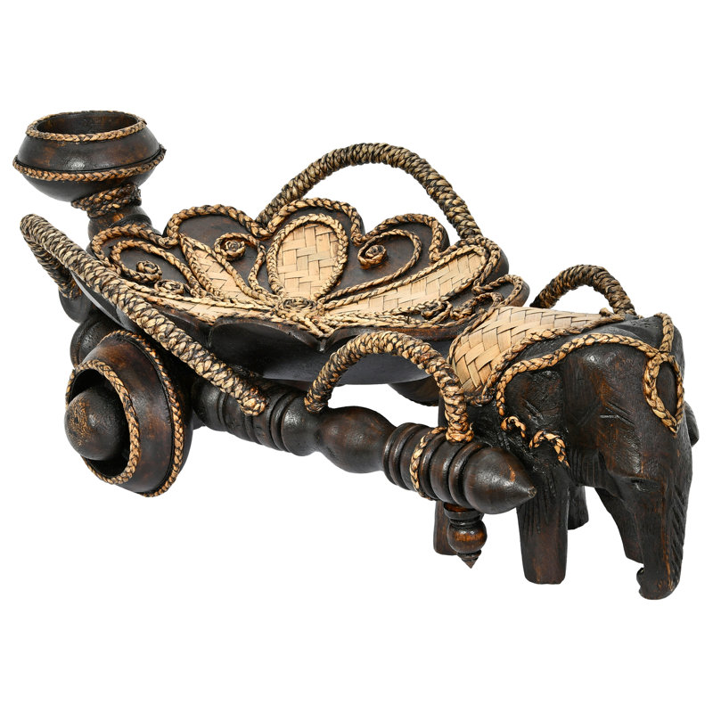Plateau de chariot d'éléphant en bois sculpté avec porte-bougie Majestic