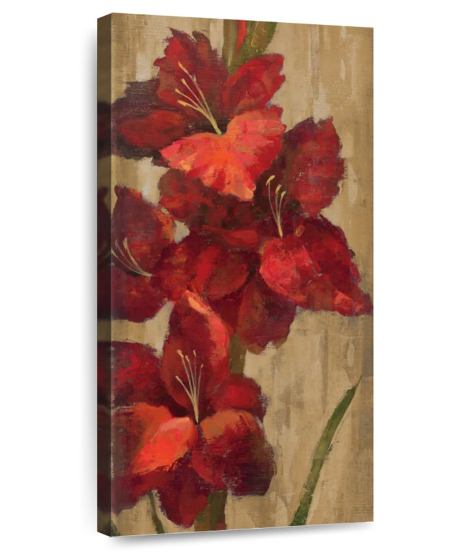 Glaïeul rouge vif sur or, H 30 po x l 15 po